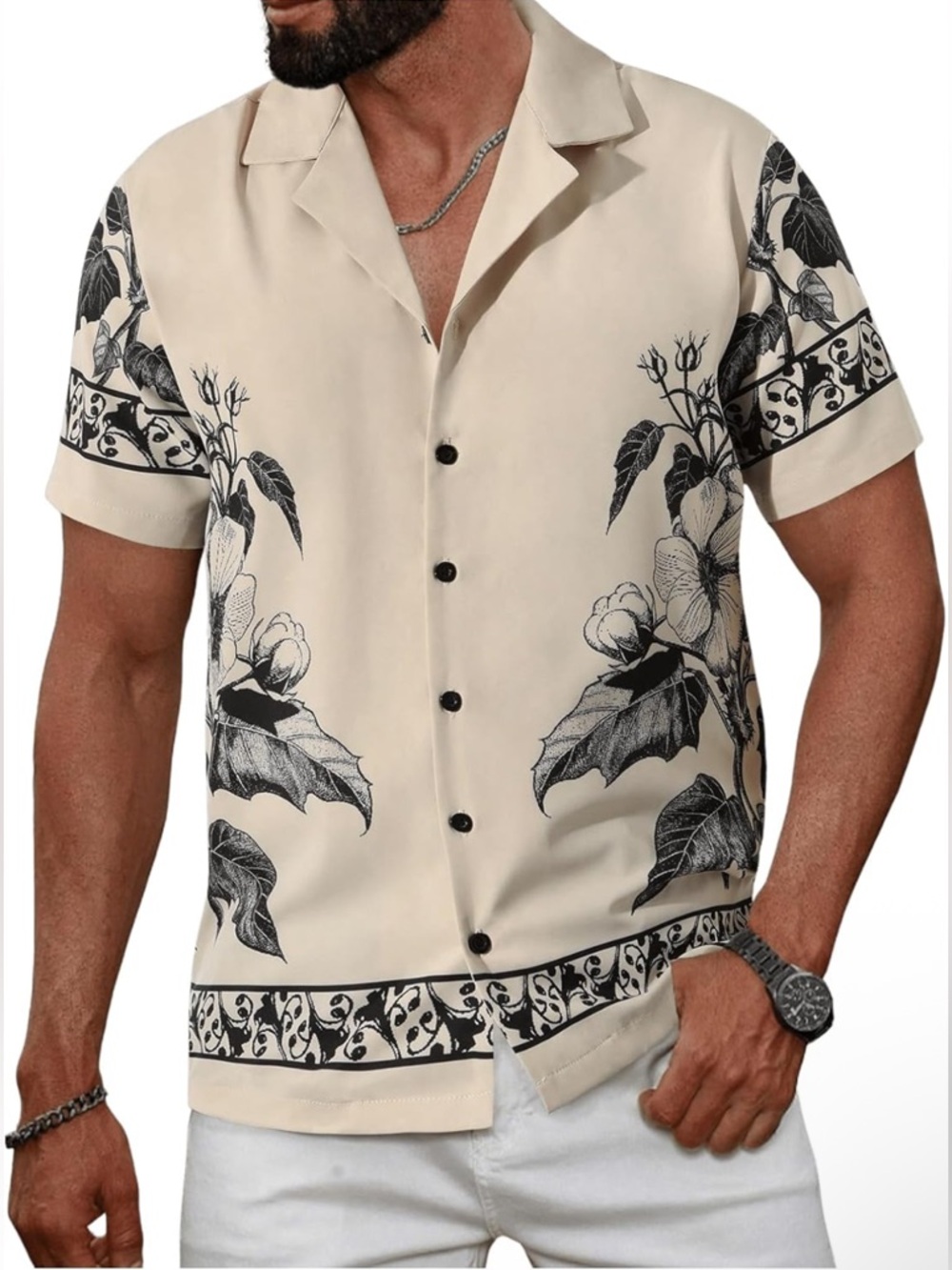 Men's Beige Floral Print Short-Sleeve Shirt Button Up Summer Shirt Size S